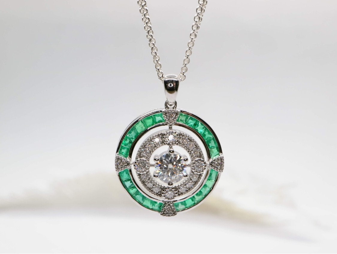 18k white gold natural emerald halo pendent, Vintage emerald diamond pendent, Anniversary gifts