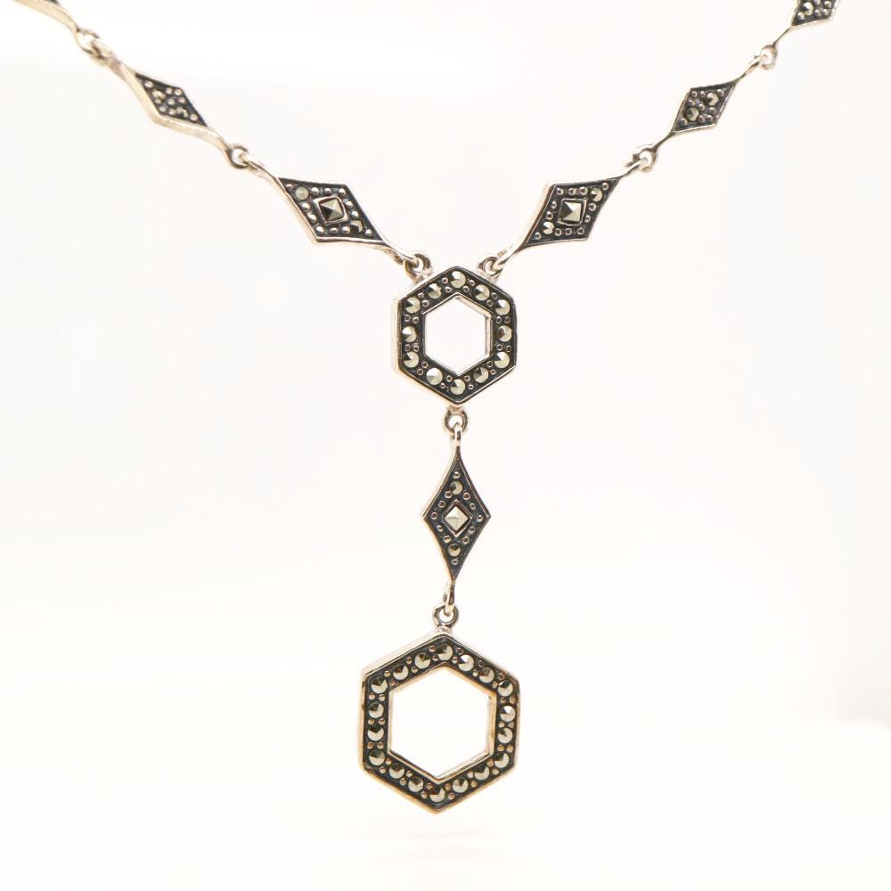 Silver Hexagon Necklace with Marcasite