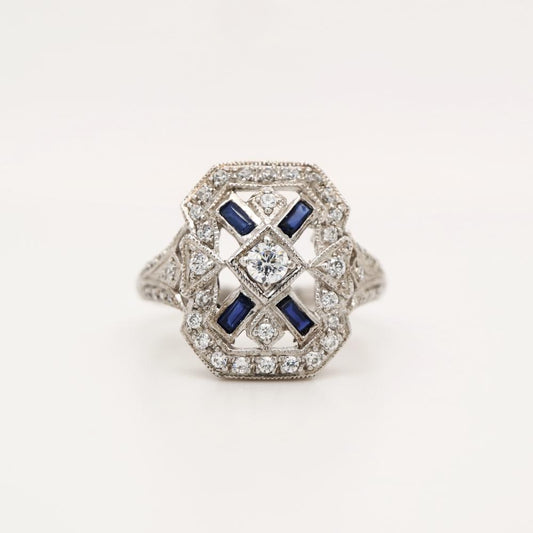 Shield ring with CZ center stone and Halo, with Sapphire Accents in Silver