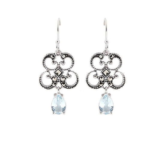 Edwardian Earrings in Blue Topaz, Marcasite and Sterling Silver