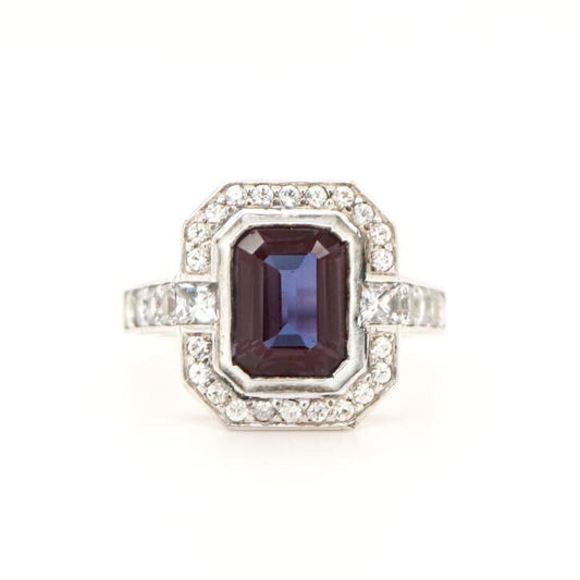 Laboratory grown Sapphire ring in Sterling Silver with CZ Halo