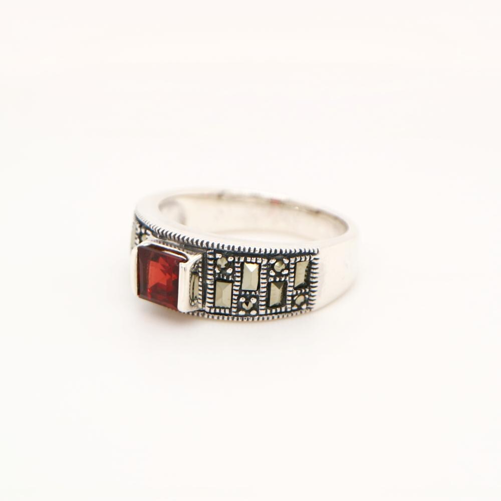 Marcasite band with garnet in silver, Anniversary ring