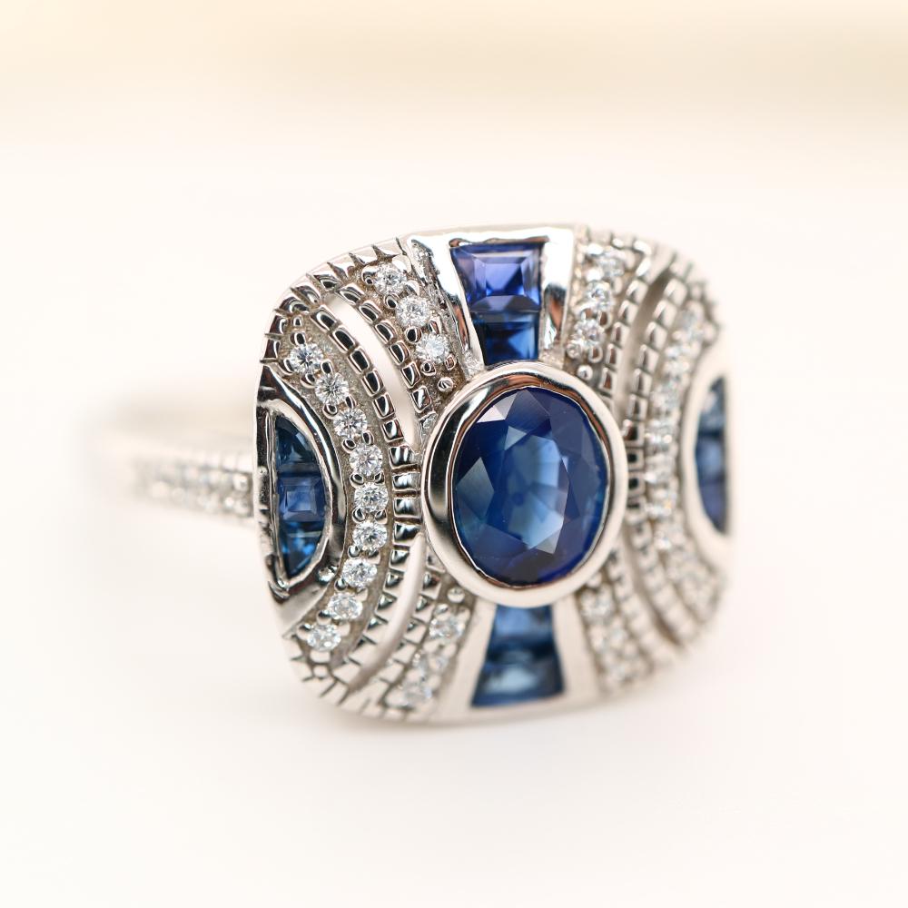 Sterling Silver Art deco Sapphire Gem Cluster Ring