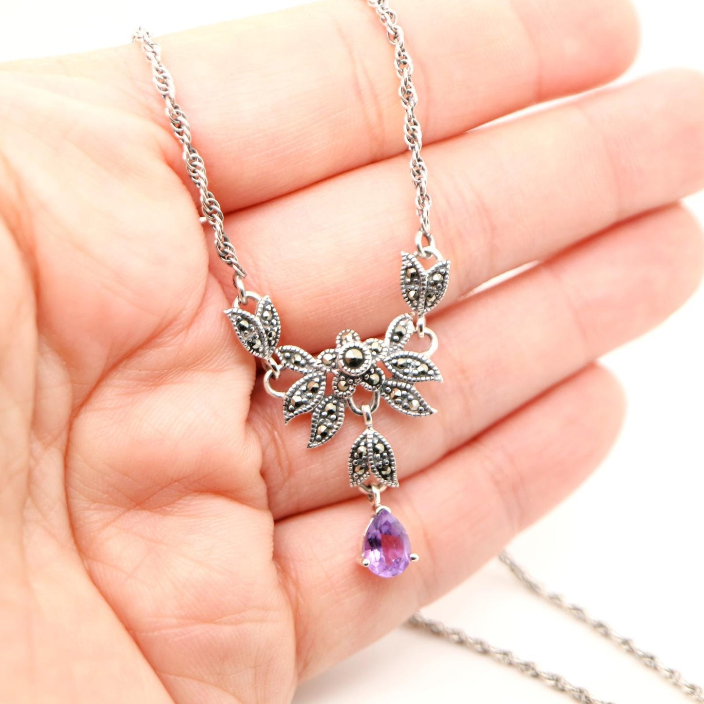 Floral Petal Necklace with Amethyst and Marcasite in Silver, Anniversary gift