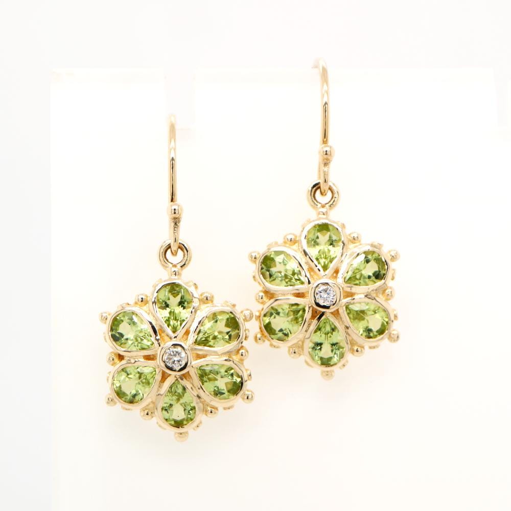 Peridot Petal Flower Earrings with Diamond in Yellow Gold, Custom made jewelry