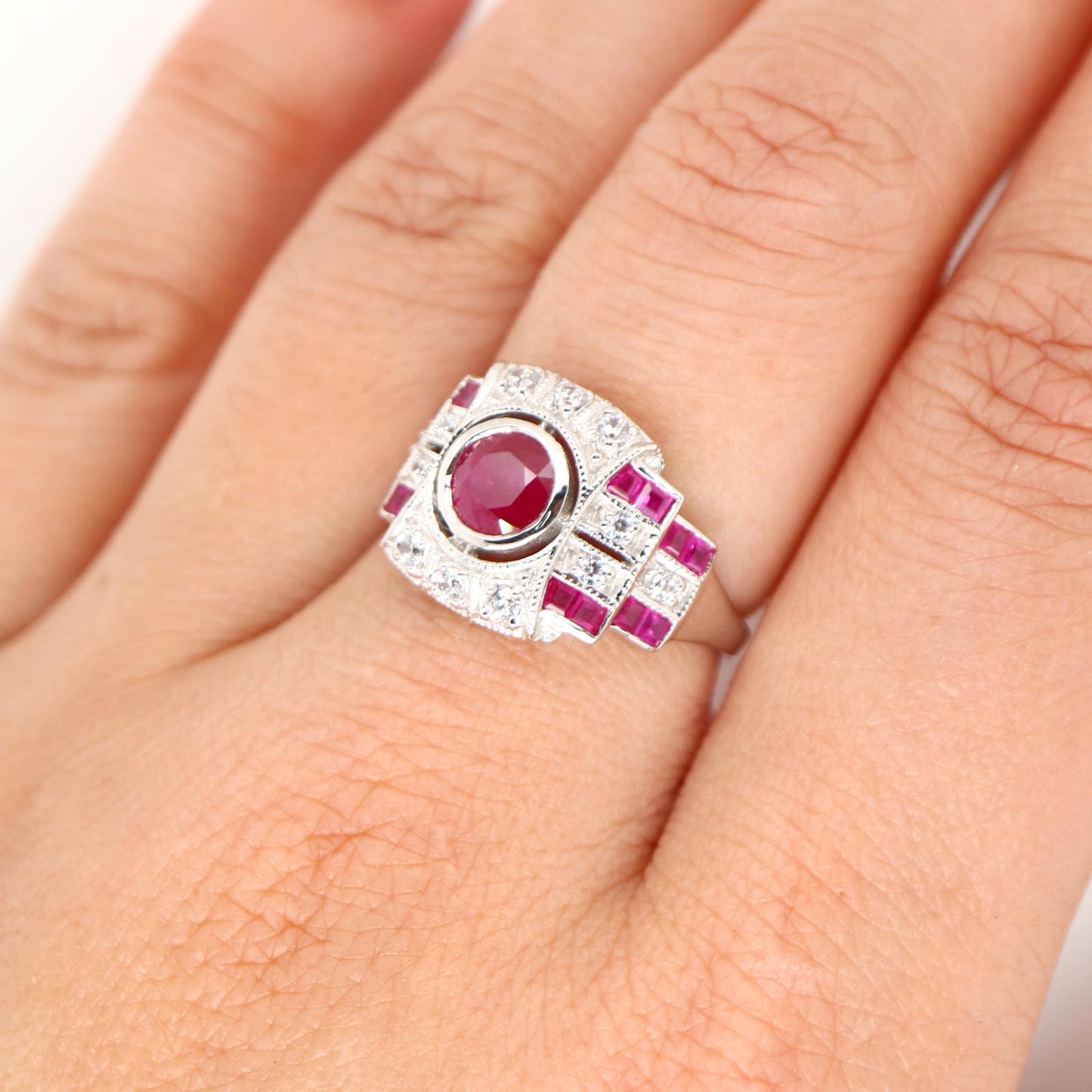 Art Deco Cocktail Ring with Ruby  and CZ in Sterling Silver