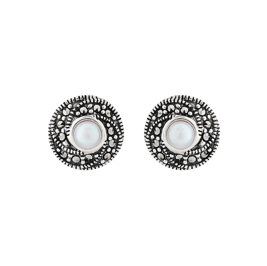 Classic Cluster Stud Earring in Pearl, Marcasite and Sterling Silver