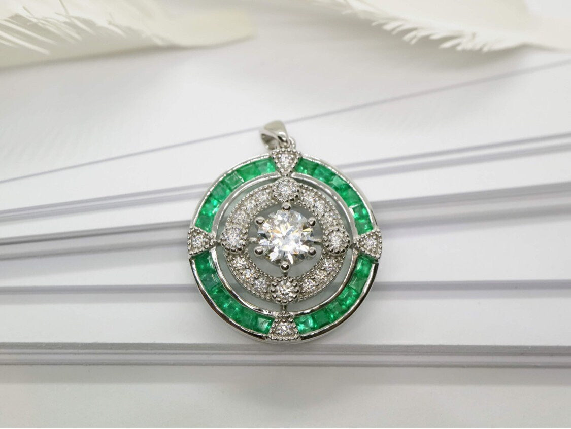 18k white gold natural emerald halo pendent, Vintage emerald diamond pendent, Anniversary gifts