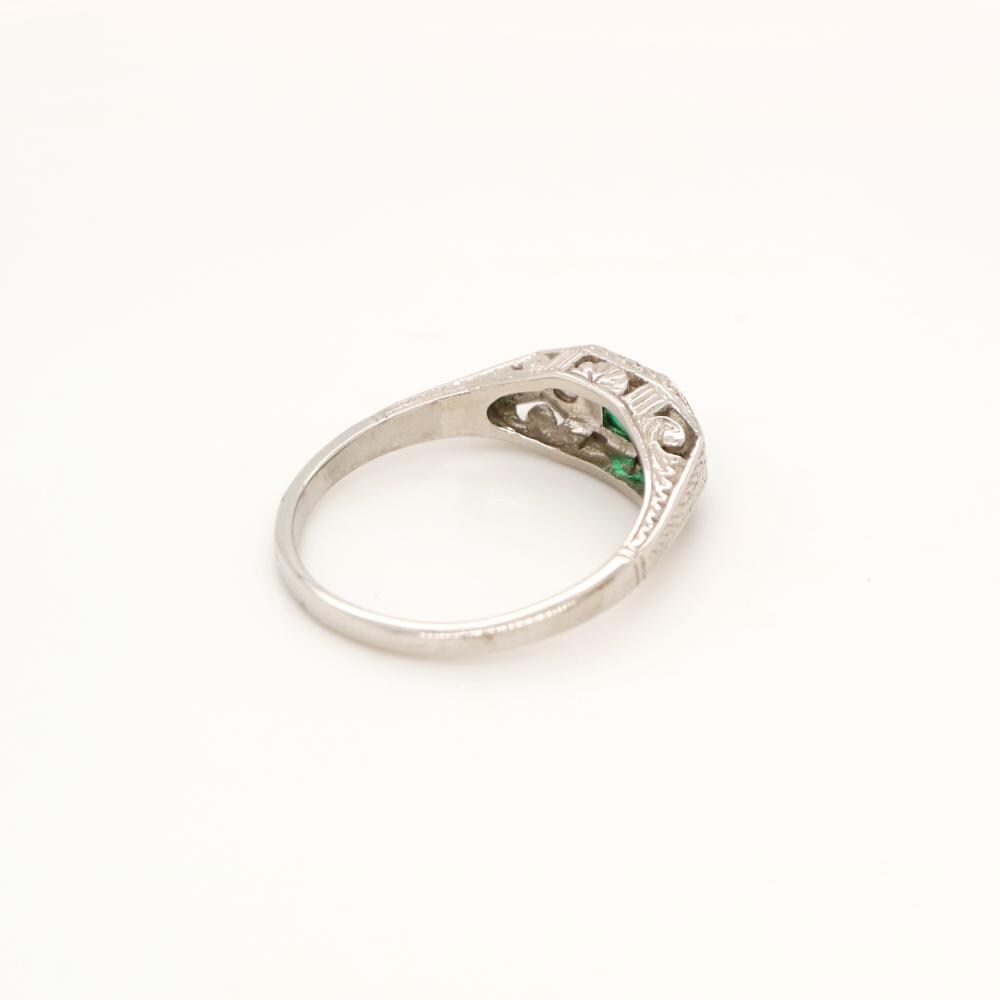 Art Deco Sterling Silver ring with Center Emerald and shoulder CZ