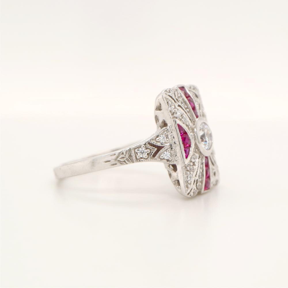 Art Deco square ruby and CZ sterling silver ring-Vintage inspired statement ring