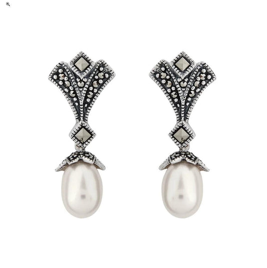 Art Deco Drop Earrings in Pearl, Marcasite and Sterling Silver