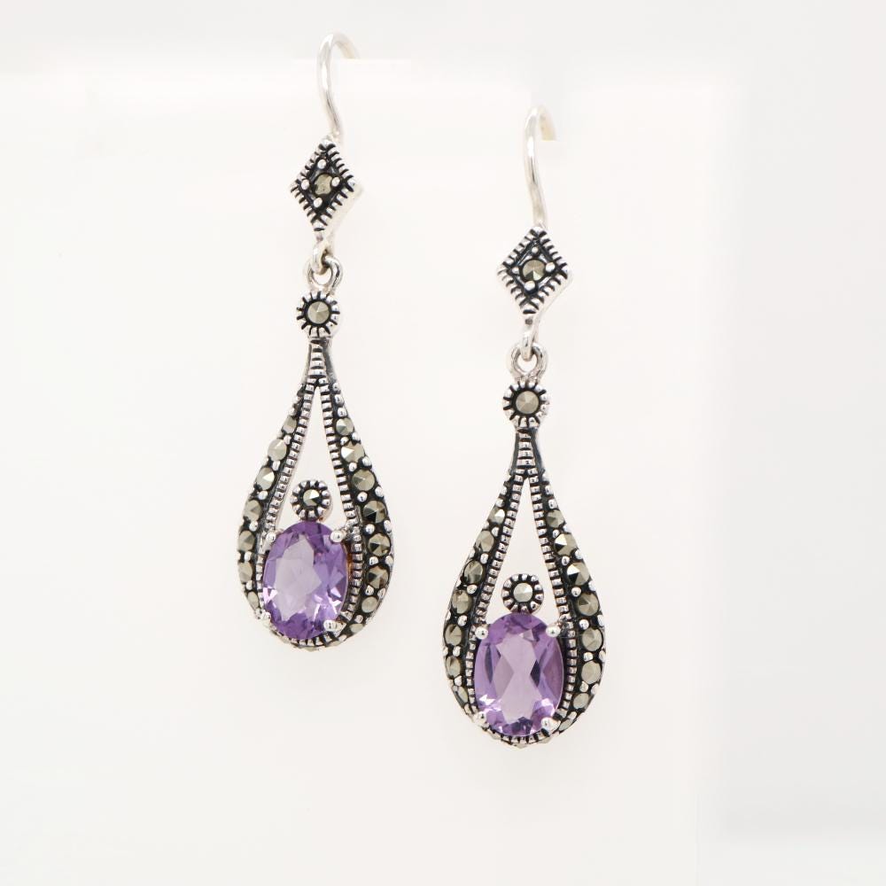 Marcasite Dangle Earrings with Amethyst in Silver