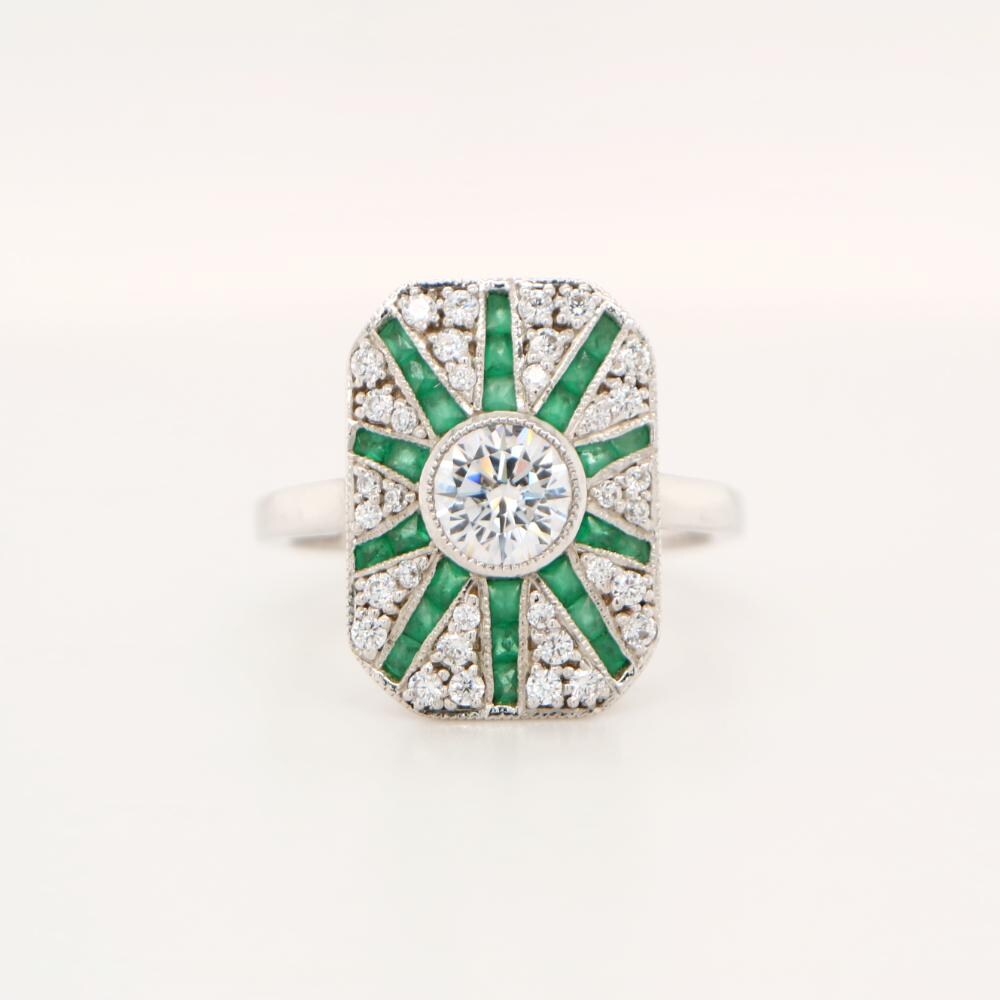 Square Shield sterling silver Ring with Emerald and CZ
