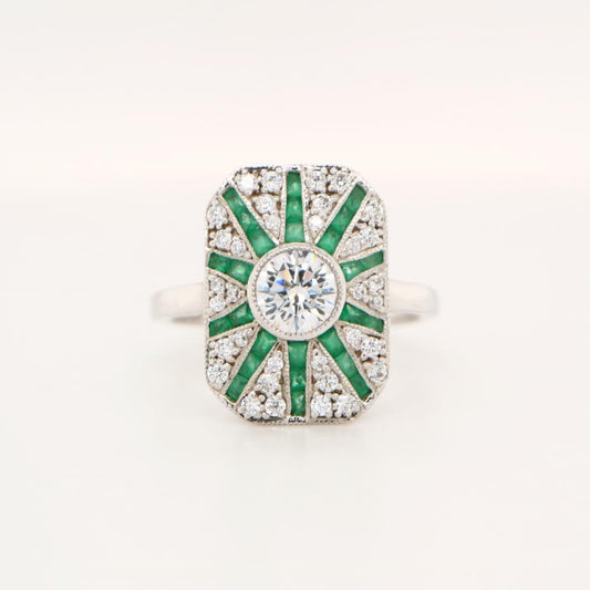 Square Shield sterling silver Ring with Emerald and CZ