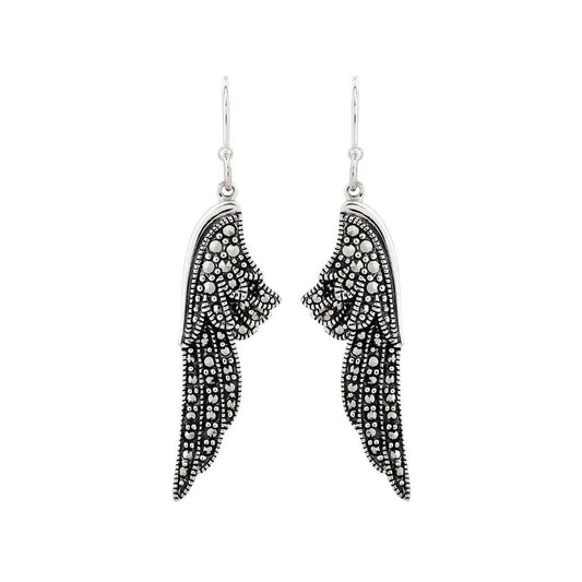 Sparkling Angel Wing Drop Earrings in Marcasite and Sterling Silver
