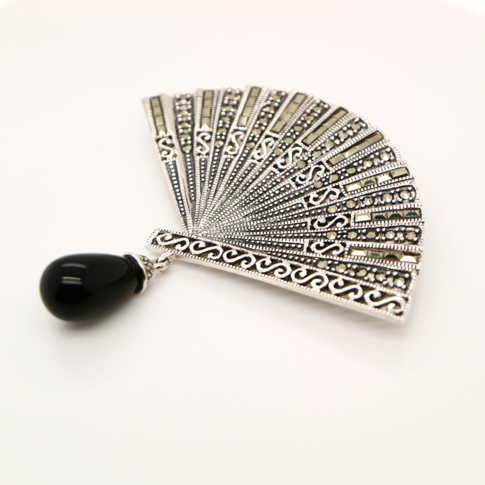 Marcasite Fan in Marcasite with Onyx Drop in Sterling Silver