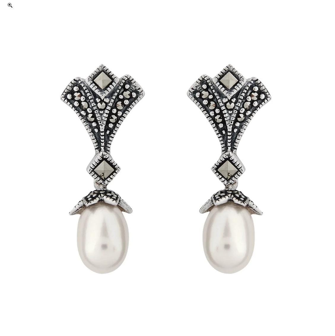 Art Deco Drop Earrings in Pearl, Marcasite and Sterling Silver