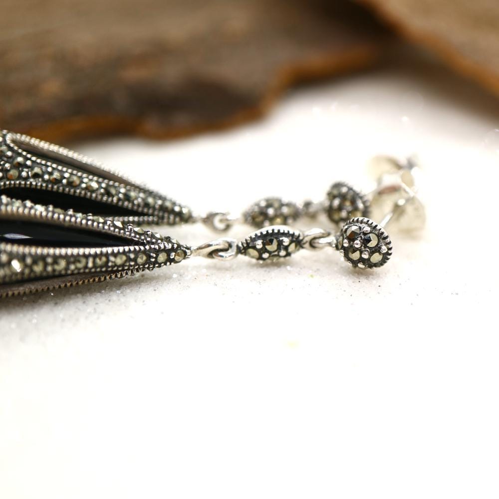Art Deco Drop Design Earrings in Black Onyx, Marcasite and Sterling Silver