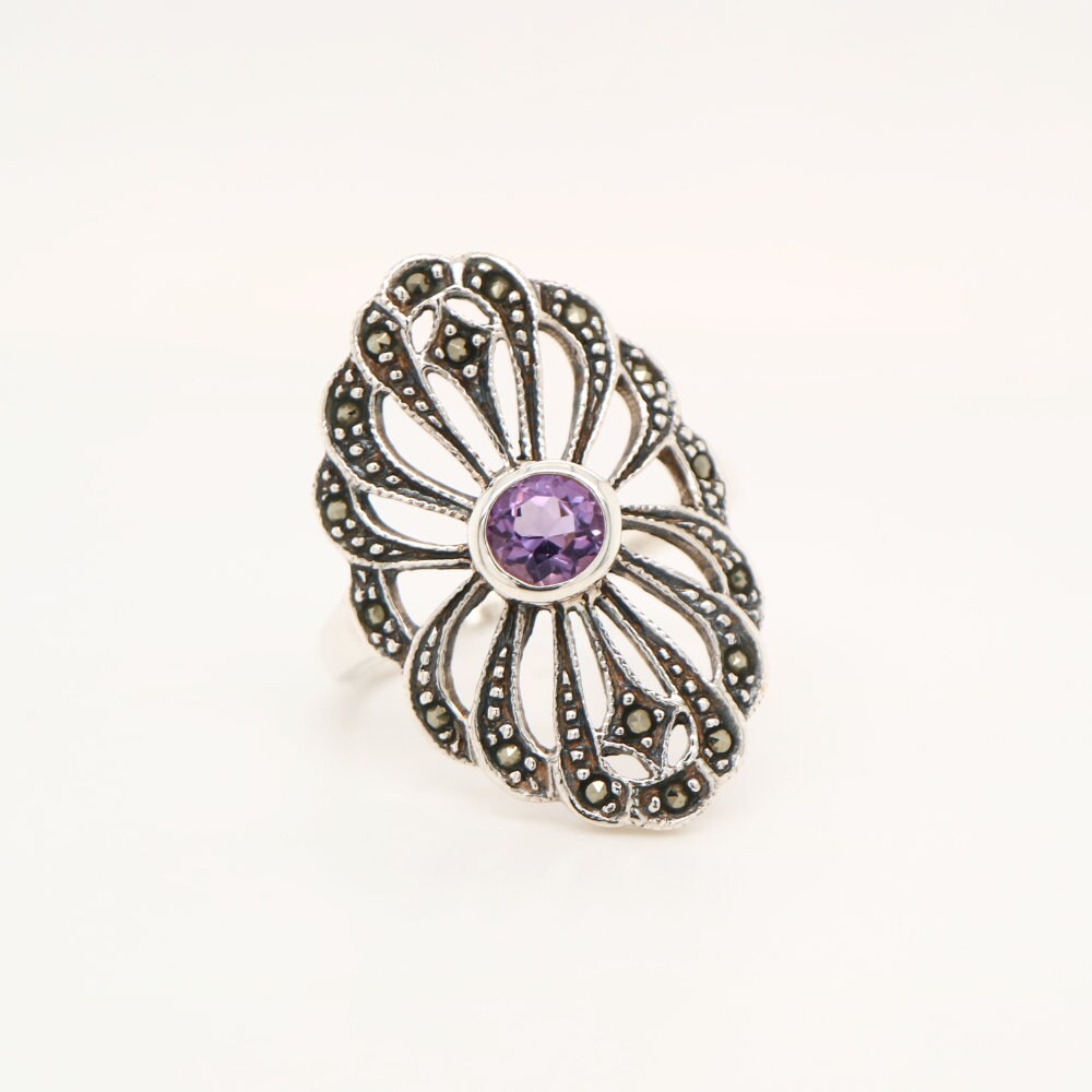 Marcasite Burst ring with Amethyst in Silver