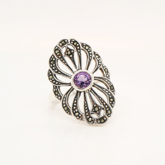 Marcasite Burst ring with Amethyst in Silver