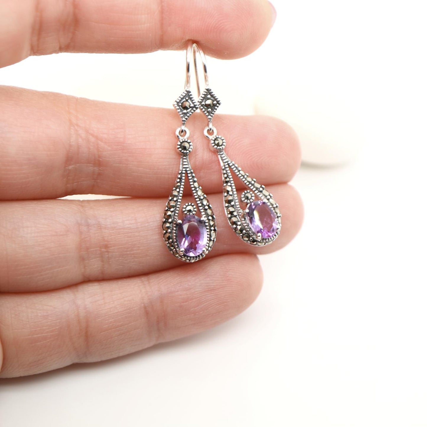 Marcasite Dangle Earrings with Amethyst in Silver