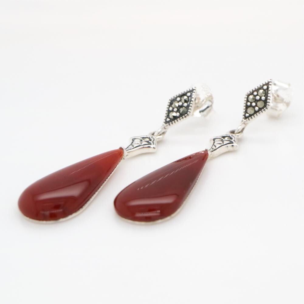 Art Deco Drop Earrings with Carnelian Drop, Marcasite in Sterling Silver