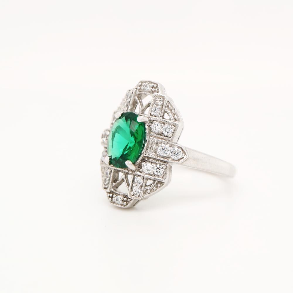 Art Deco Emerald ring in Sterling Silver with CZ, Art Deco Emerald ring in White Gold with Diamond