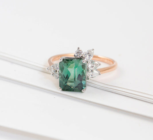 Emerald cut mint Tourmaline ring wih off-set diamond details, 18k white/rose gold ring,Contemporary design ring with custom gemstone