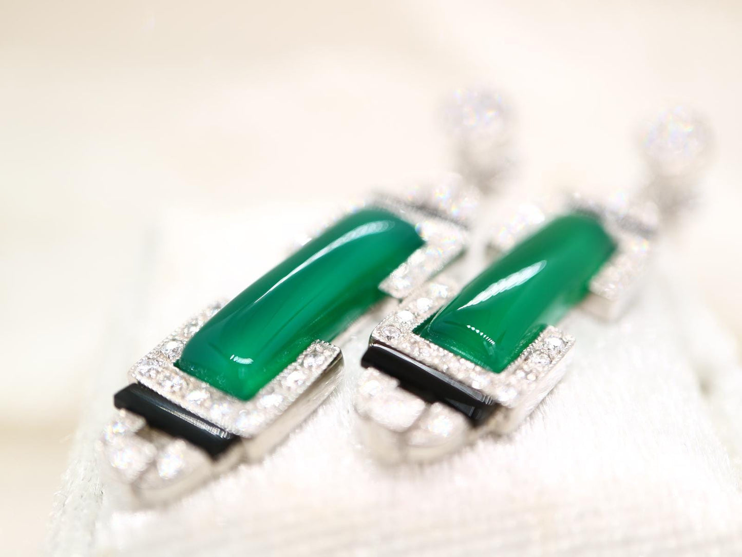 Art deco barrel drop earring in green agate, Cubic Zirconia, Black onyx sterling silver, Custom made jewelry