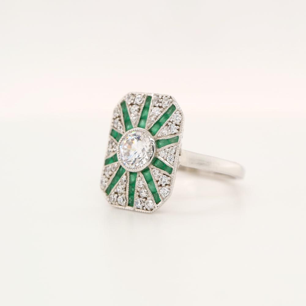 Square Shield sterling silver Ring with Emerald and CZ