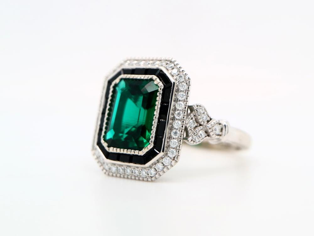 Onyx halo Art Deco ring in Emerald, Vintage style Emerald ring