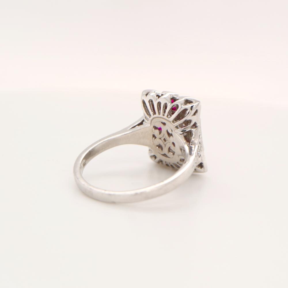 Art Deco Square ring in 9k White Gold with Ruby and Diamond