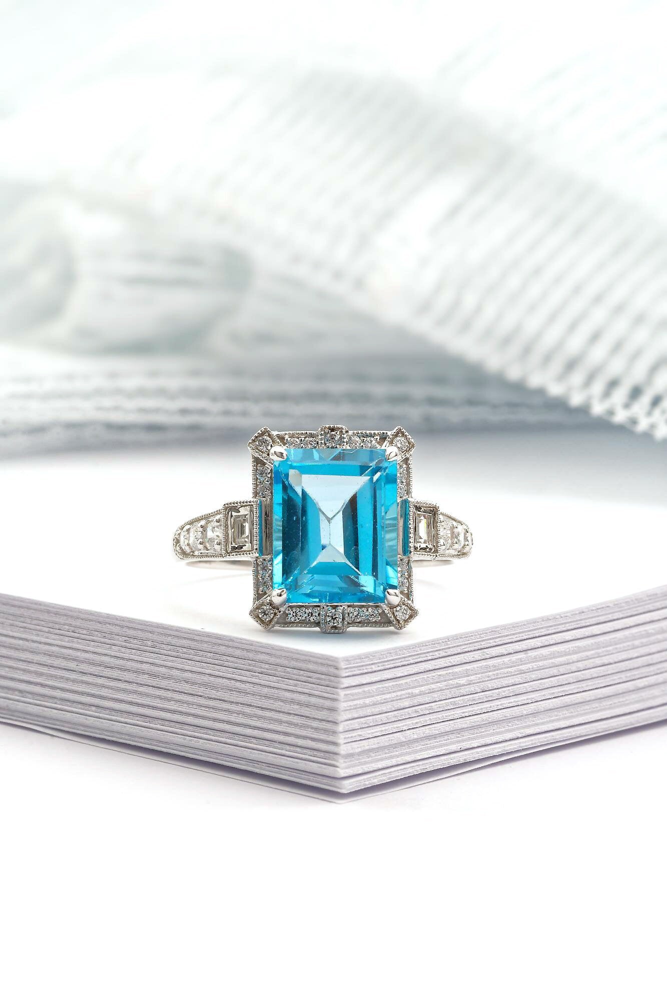 Art Deco vintage blue topaz  ring, Emerald cut blue topaz and diamond ring, White gold engagement ring, Topaz wedding ring, Anniversary gift