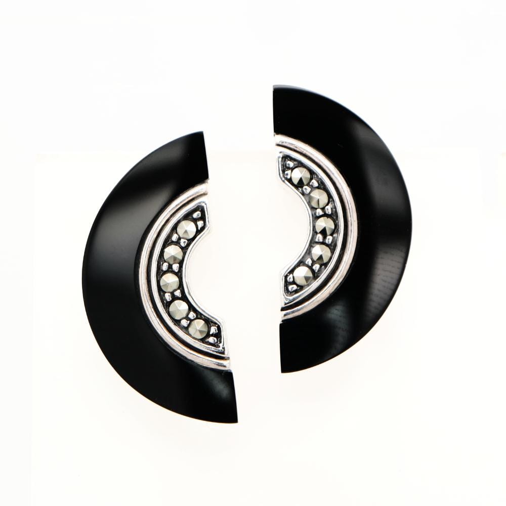 Art Deco Onyx Fan Earrings with Marcasite in Sterling Silver