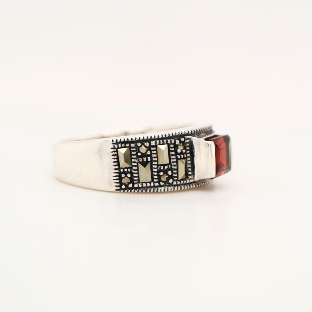 Marcasite band with garnet in silver, Anniversary ring
