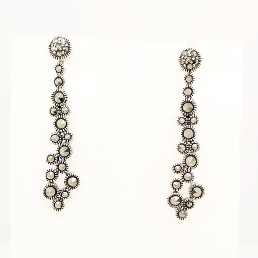 Long silver marcasite cluster earrings-Art deco vintage style dangle jewelry