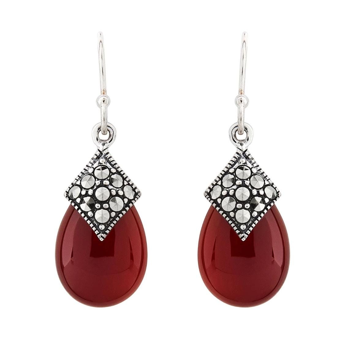 Art Deco Drop Earrings with Gemstone, Marcasite and Sterling Silver