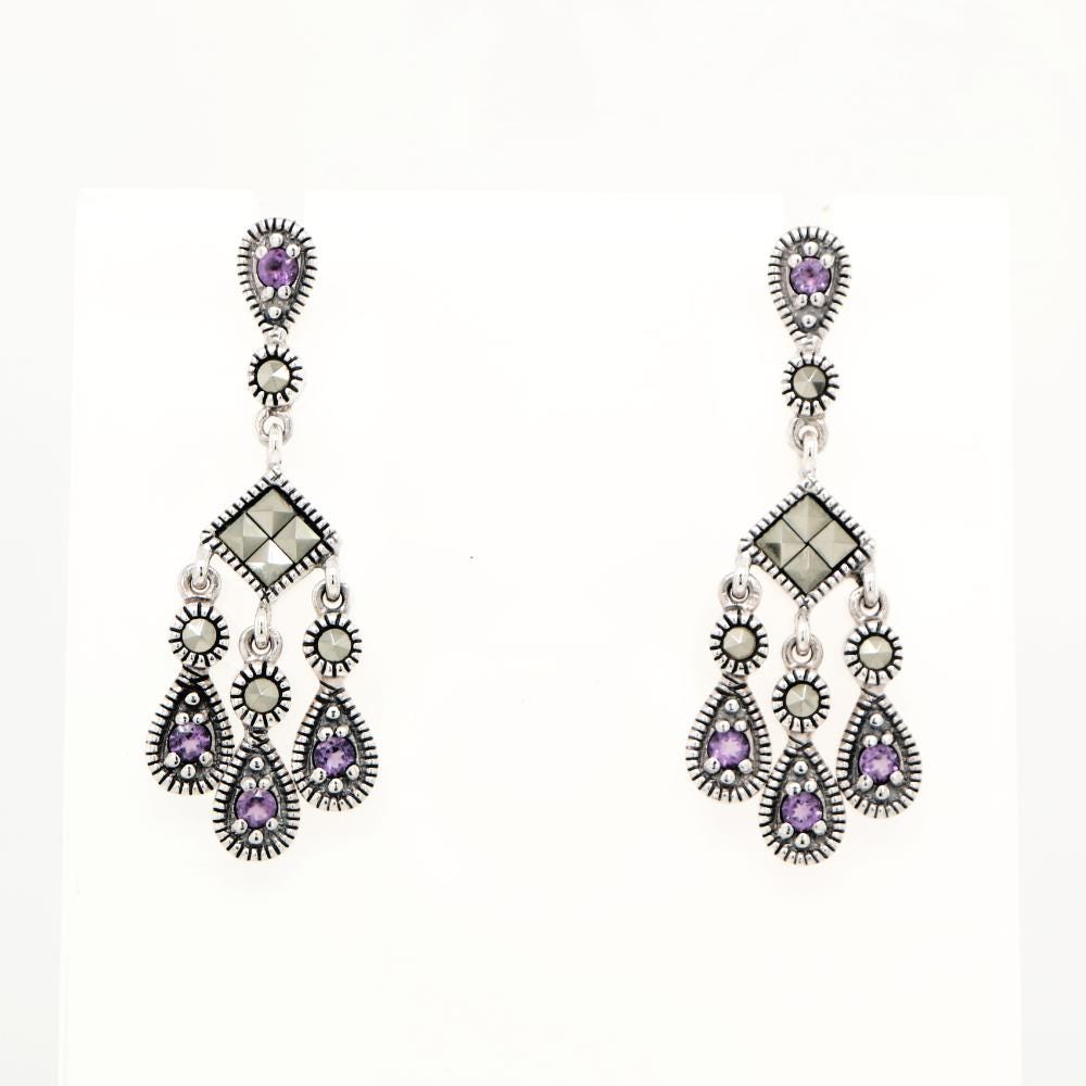 Amethyst and Marcasite Chandelier earrings in Silver
