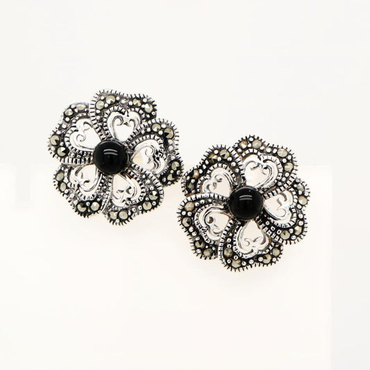 5 Petal Flower Stud Earrings in Silver with Marcasite and Onyx