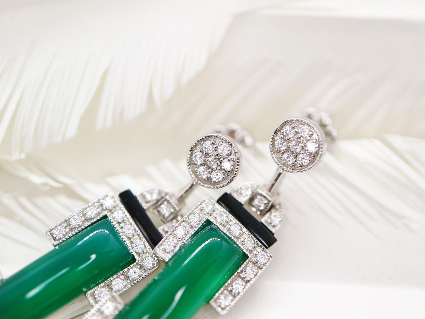 Art deco barrel drop earring in green agate, Cubic Zirconia, Black onyx sterling silver, Custom made jewelry