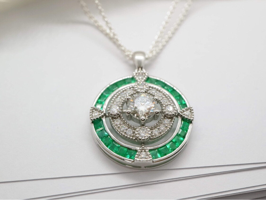 18k white gold natural emerald halo pendent, Vintage emerald diamond pendent, Anniversary gifts