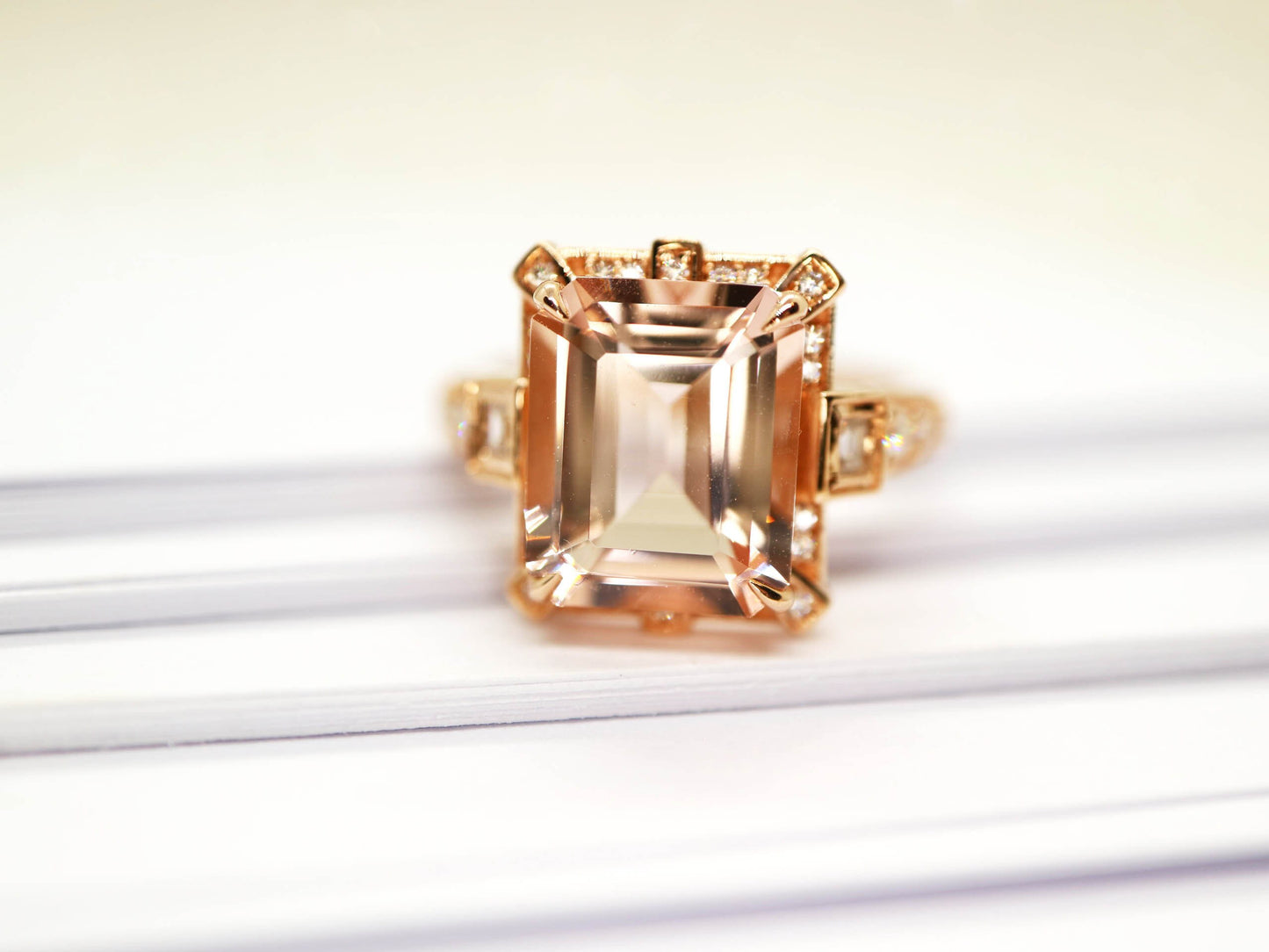 Art Deco vintage Morganite ring, Rose gold  diamond ring,  Art deco vintage ring, Rose gold engagement ring, Rose gold wedding ring,