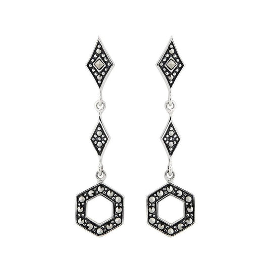 Art Deco Geometric Drop Earrings in Marcasite and Sterling Silver