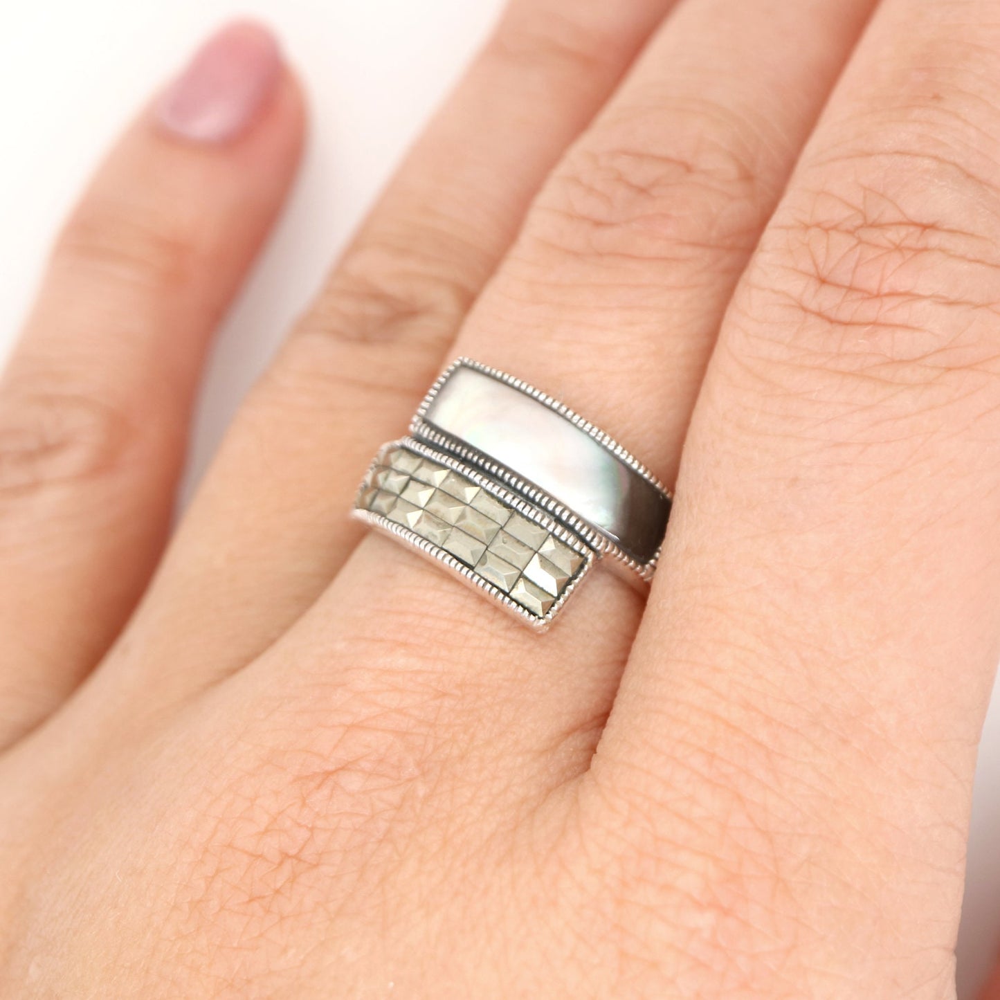 Marcasite and Silver Shell Crossover Ring in Silver