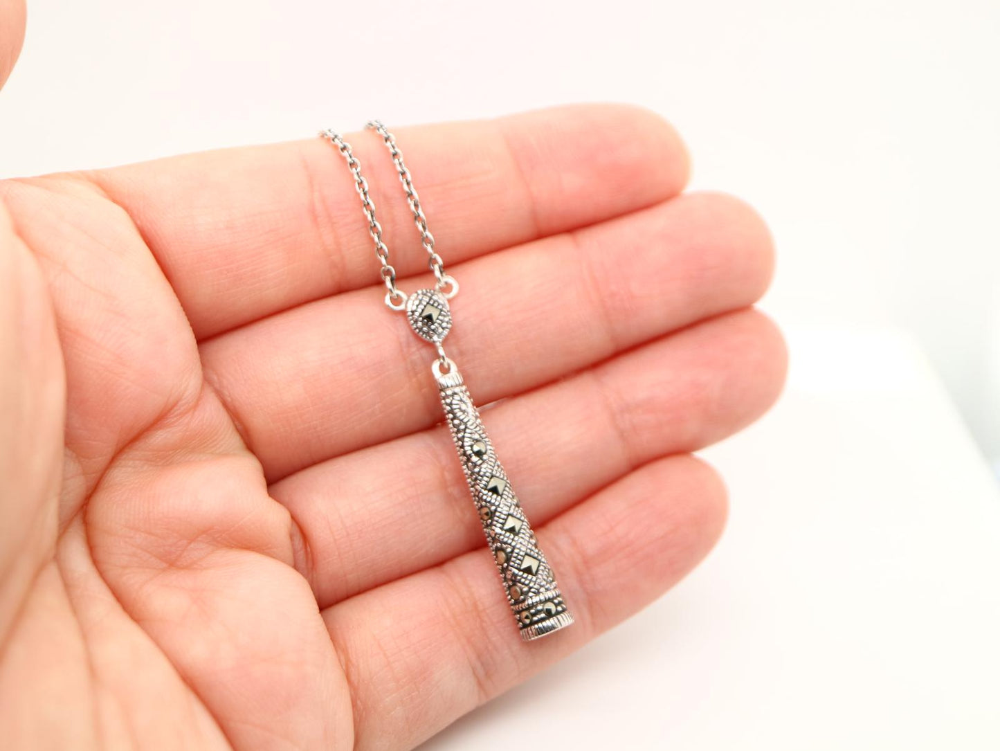 Marcasite Pillar Pendant Necklace in Sterling Silver