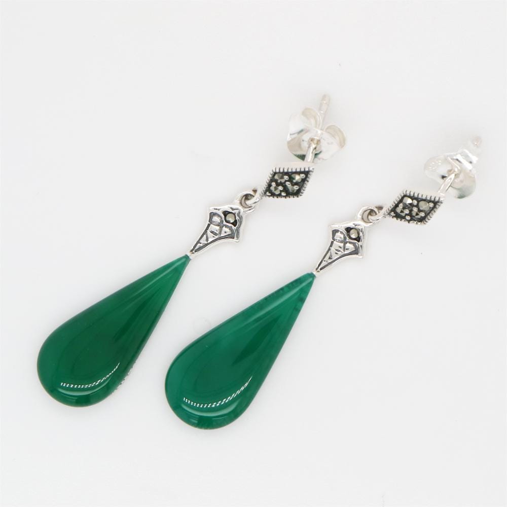 Art Deco Drop Earrings with Green Agate Drop, Marcasite in Sterling Silver
