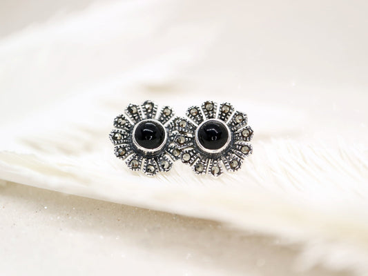 Flower Stud Earring, Black Onyx, Marcasite and sterling Silver, Vintage Inspired Floral Jewelry, Classic Statement Studs