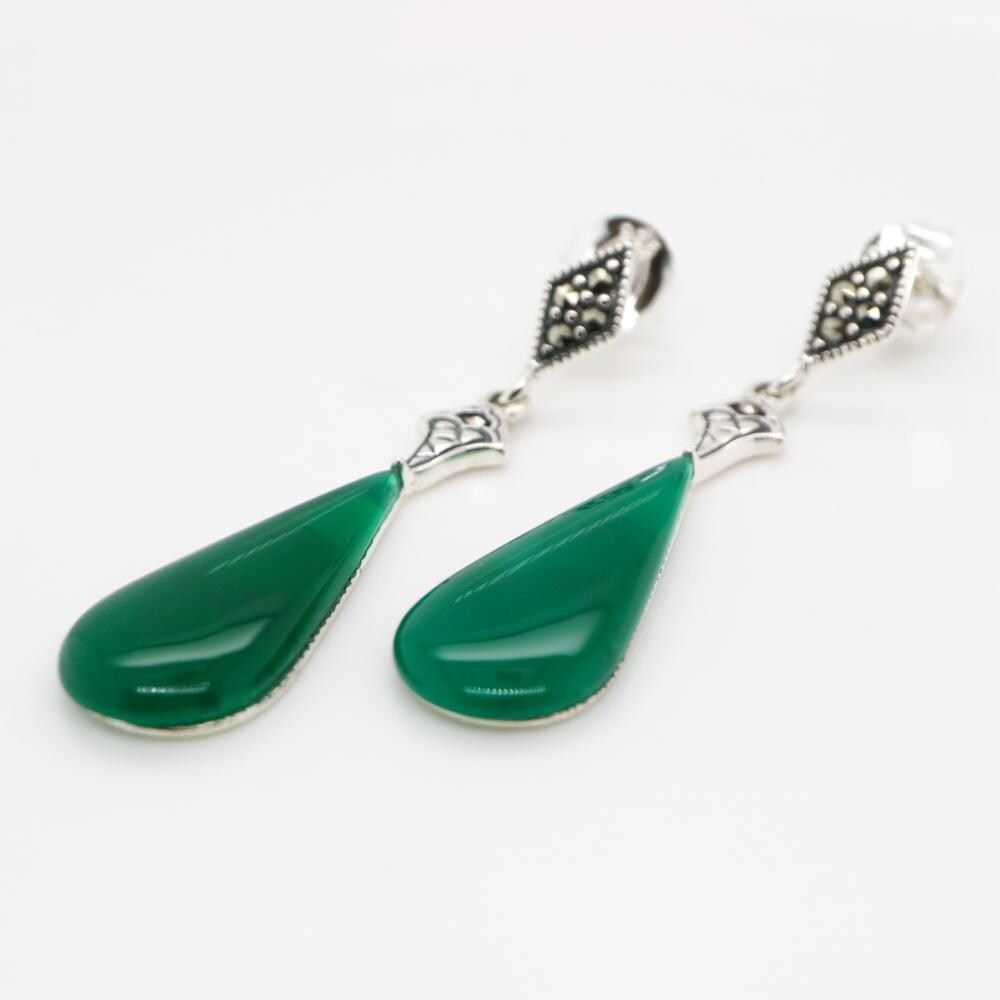 Art Deco Drop Earrings with Green Agate Drop, Marcasite in Sterling Silver