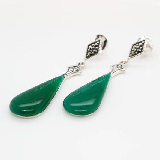 Art Deco Drop Earrings with Green Agate Drop, Marcasite in Sterling Silver