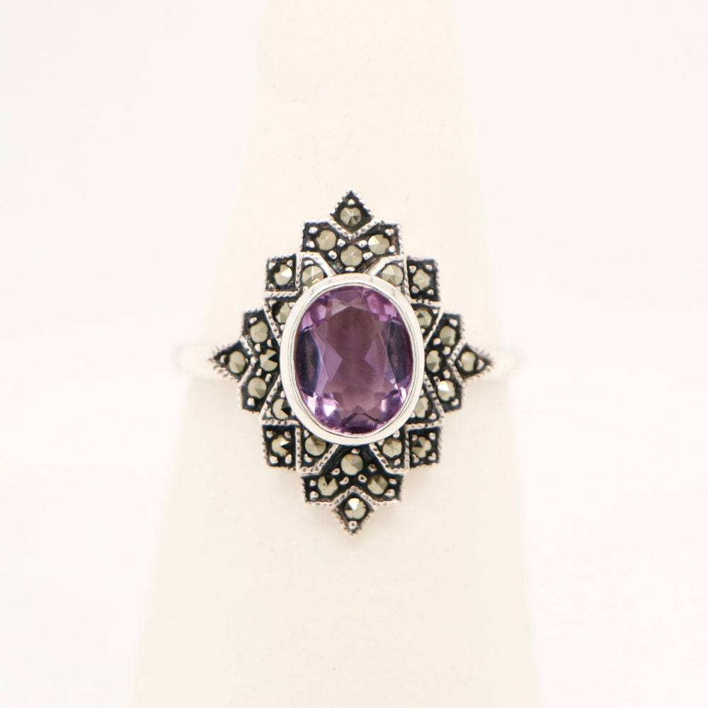 Marcasite Burst Ring with Amethyst Center Stone in Silver